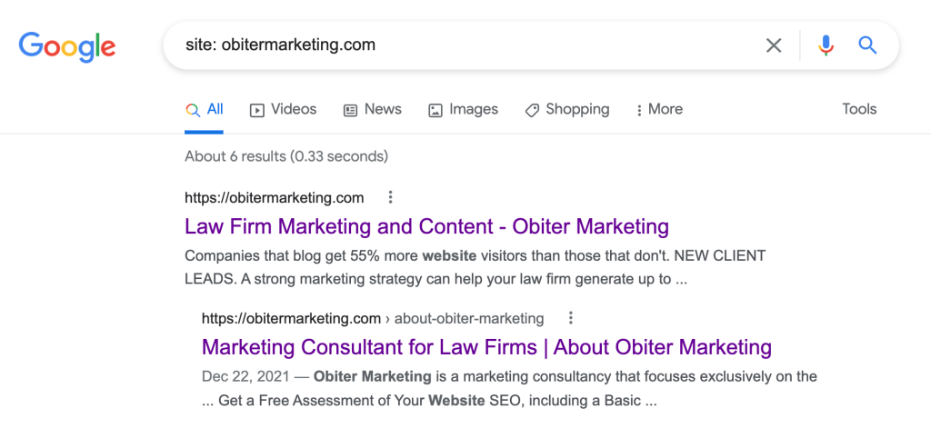 Screenshot of the 'site:' search result for Obiter Marketing