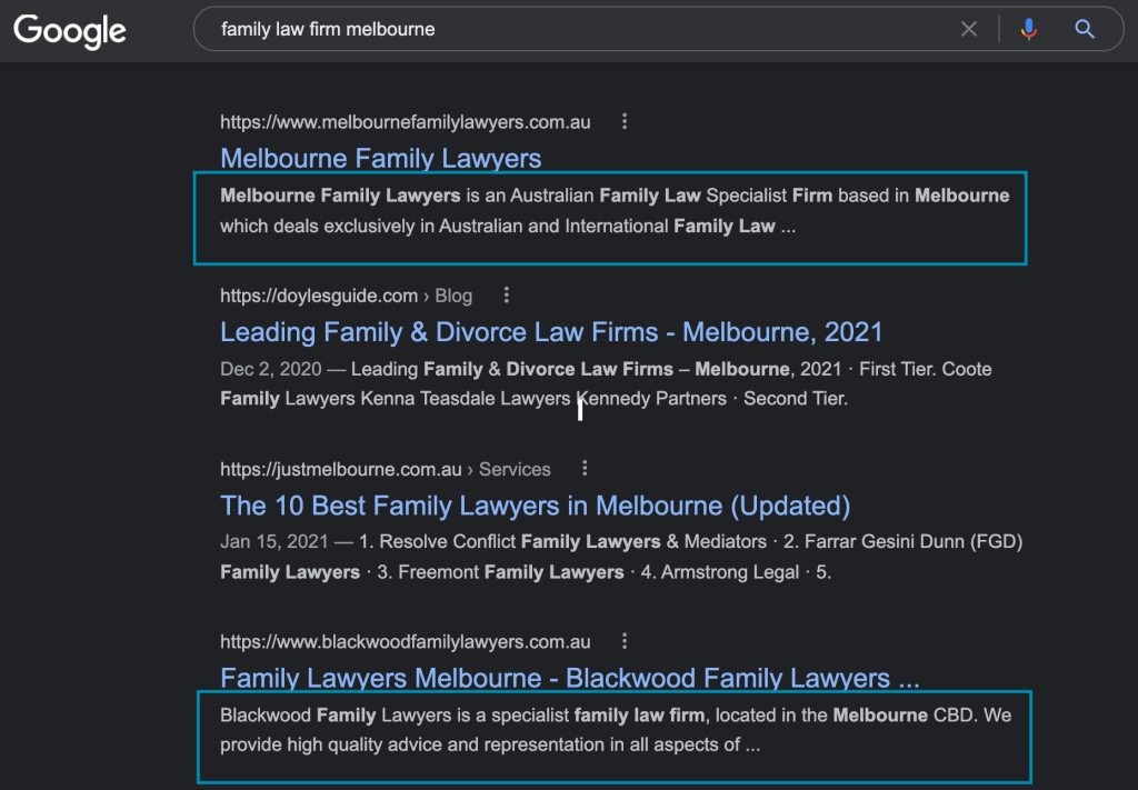 Screenshot of a Google search for 'family law firm melbourne' with the meta description circled in the search results