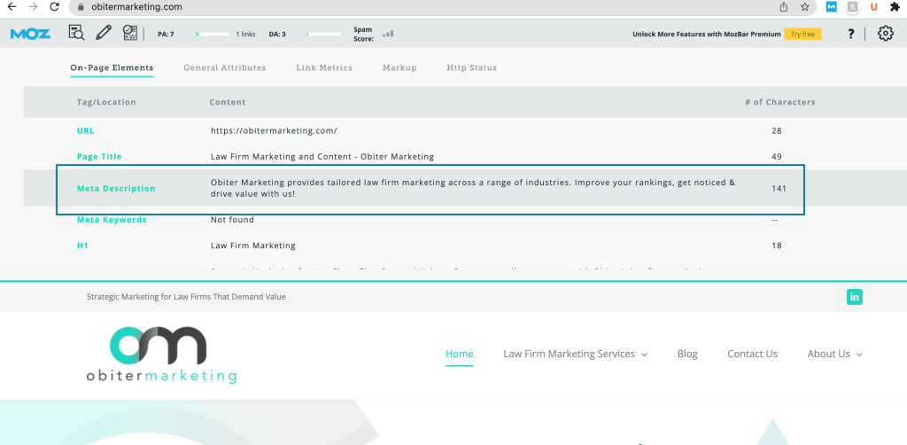 A screenshot showing how the MozBar plugin helps users master SEO basics for law firms
