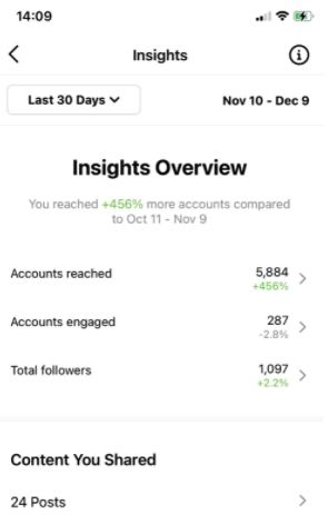 Screenshot of Instagram Insights from social media for immigration lawyers, demonstrating growth data. 