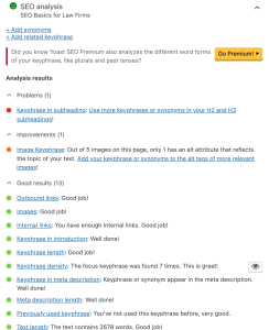 A screenshot of the Yoast SEO functionality demonstrating SEO basics for law firms