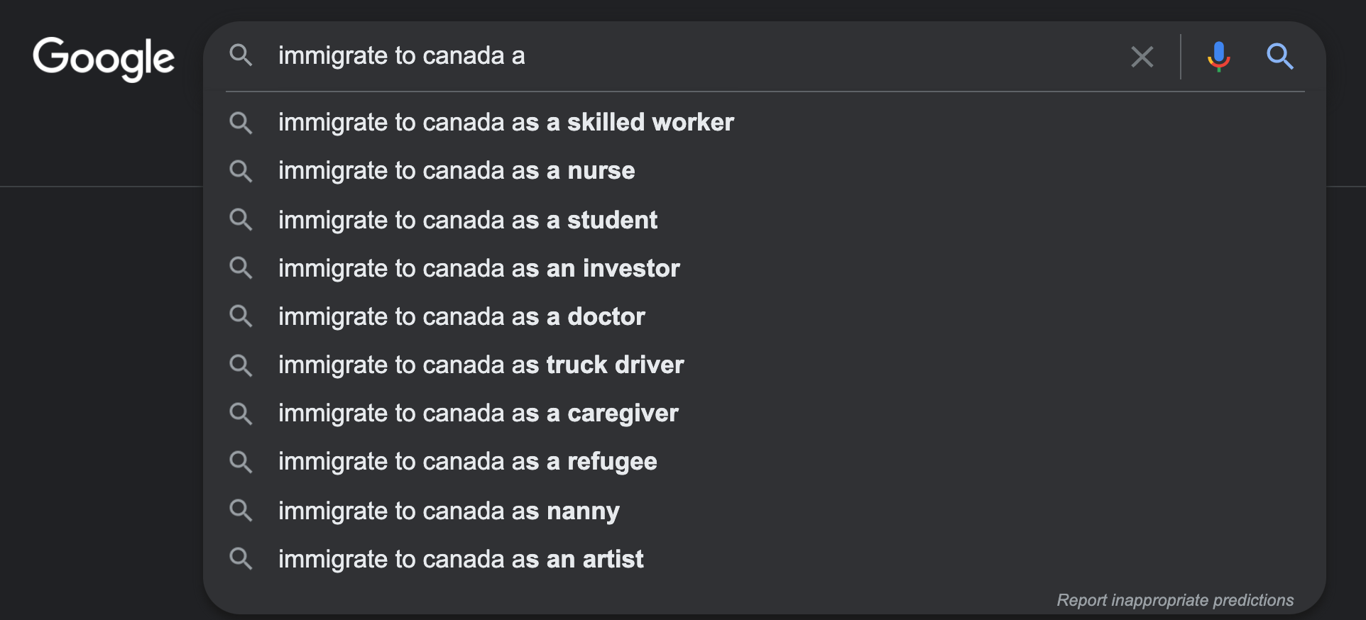 A screenshot of a Google Search bar with the query "immigrate to Canada a" as an example of how immigration law firms can use alphabet soup to get new blog post topic ideas.