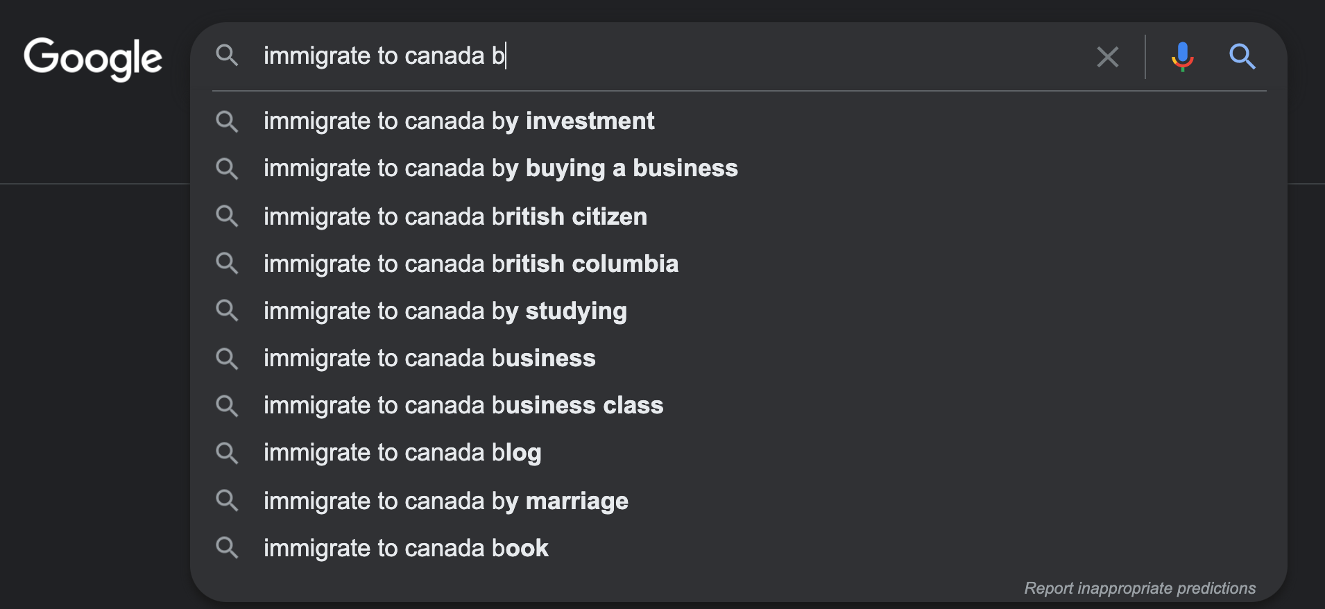 A screenshot of a Google Search bar with the query "immigrate to Canada b" to show how immigration law firms get new blog post topic ideas.