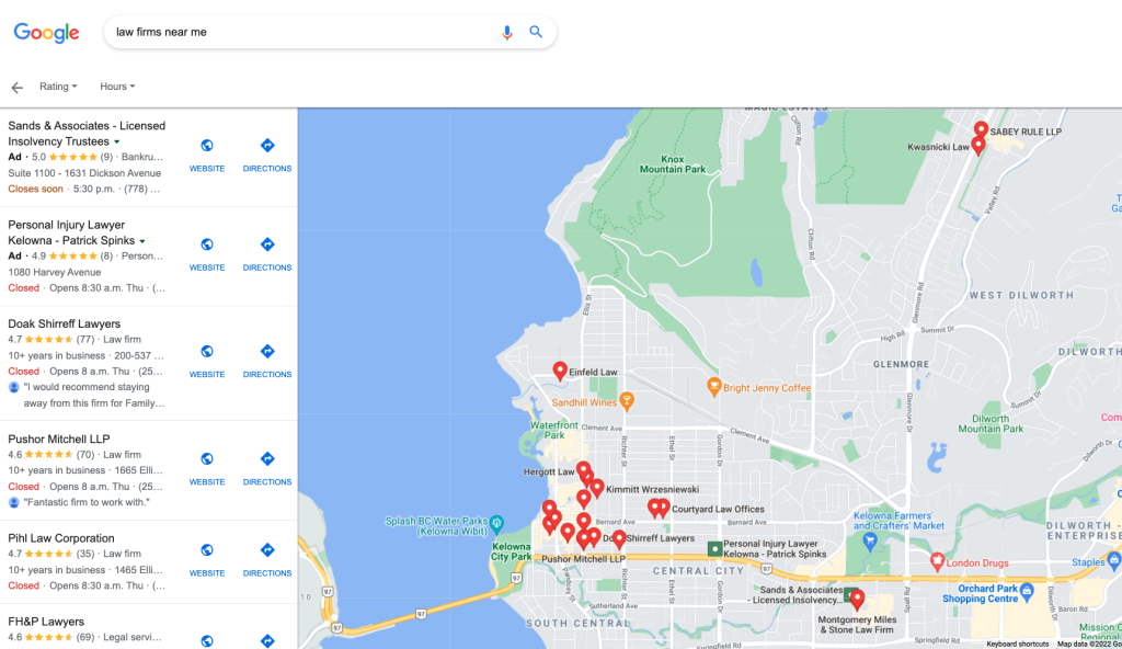 Screenshot of the Google Maps search results for the search query "Law firm near me"