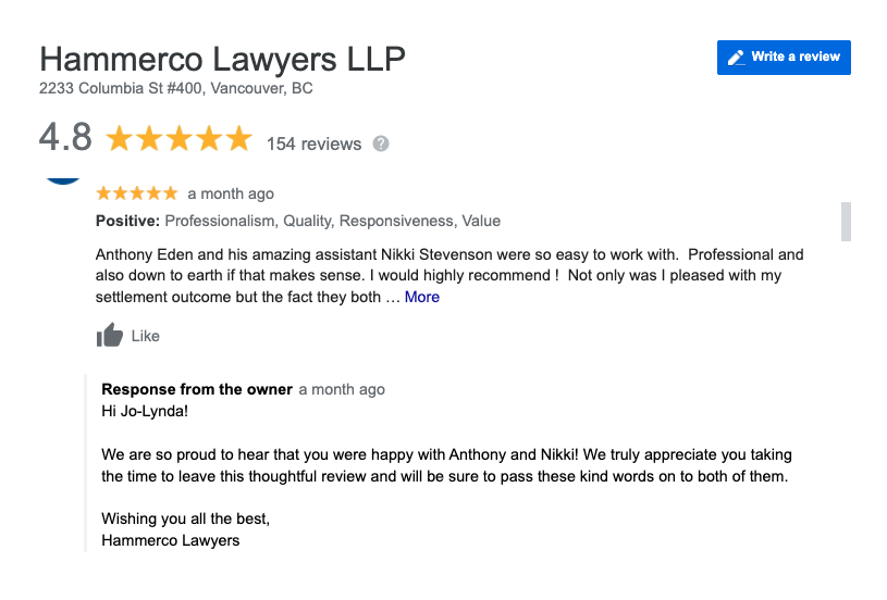 Screenshot of an online review for law firm Hammerco Lawyers LLP in Vancouver, as well as the response from the law firm to the positive review.