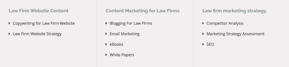 Screenshot of the Obiter Marketing navigation bar showing the services main pages and subpages for services we offer to law firms. 