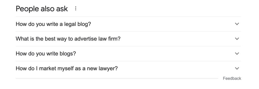 Screenshot showing the People Also Ask result for the search query ultimate guide to content marketing for law firms