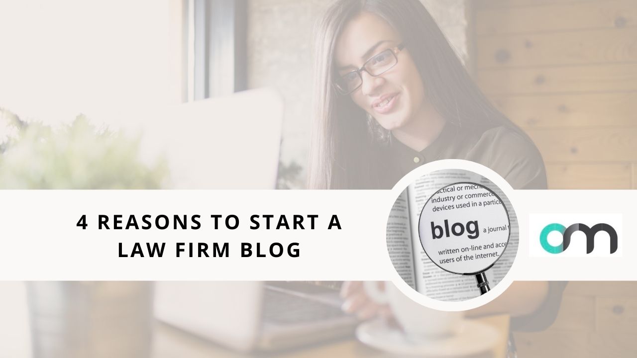 Banner image showing a woman working on a Mac computer in the background with the text "4 reasons to start a law firm blog" on a white rectangle in the foreground