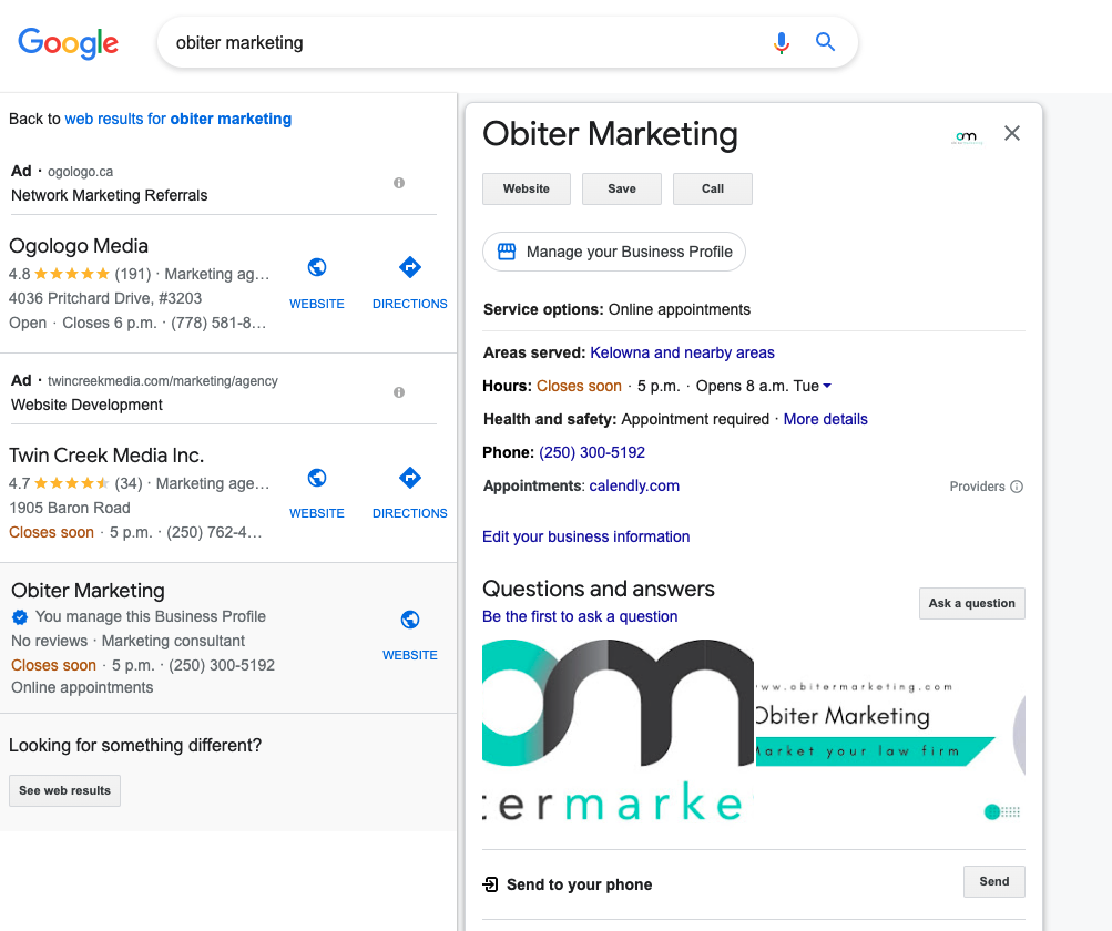 Screenshot of Obiter Marketing's Google Business Profile taken on July 29, 2022. 