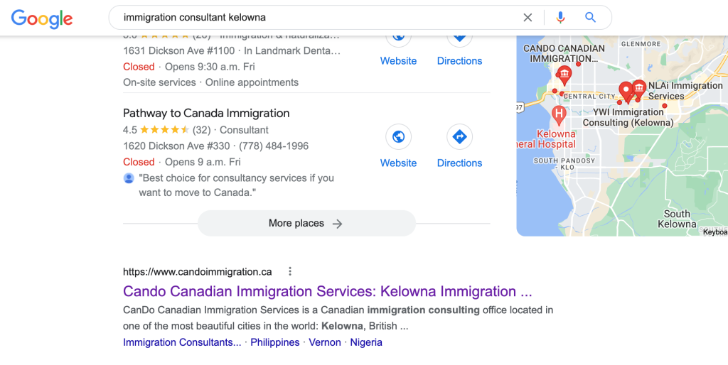 Screenshot of a Google search for immigration consultant Kelowna, showing the local SEO results using an image of the Maps results and the first organic search result which is Cando Immigration.